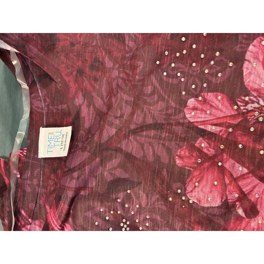 Time & True Floral Sharkbite Tunic Top Women L 12-14 3/4 Sleeve NWT - Picture 3 of 6